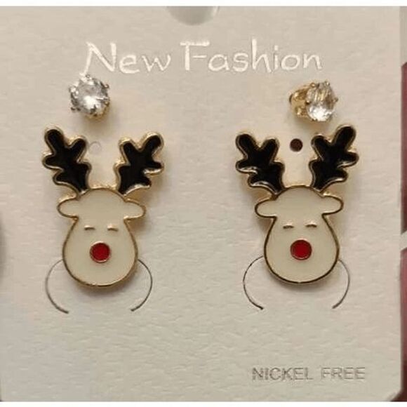 REINDEER CHRISTMAS GOLD TONED STUD EARRINGS & DIAMOND STUD EARRING SET - Picture 1 of 6